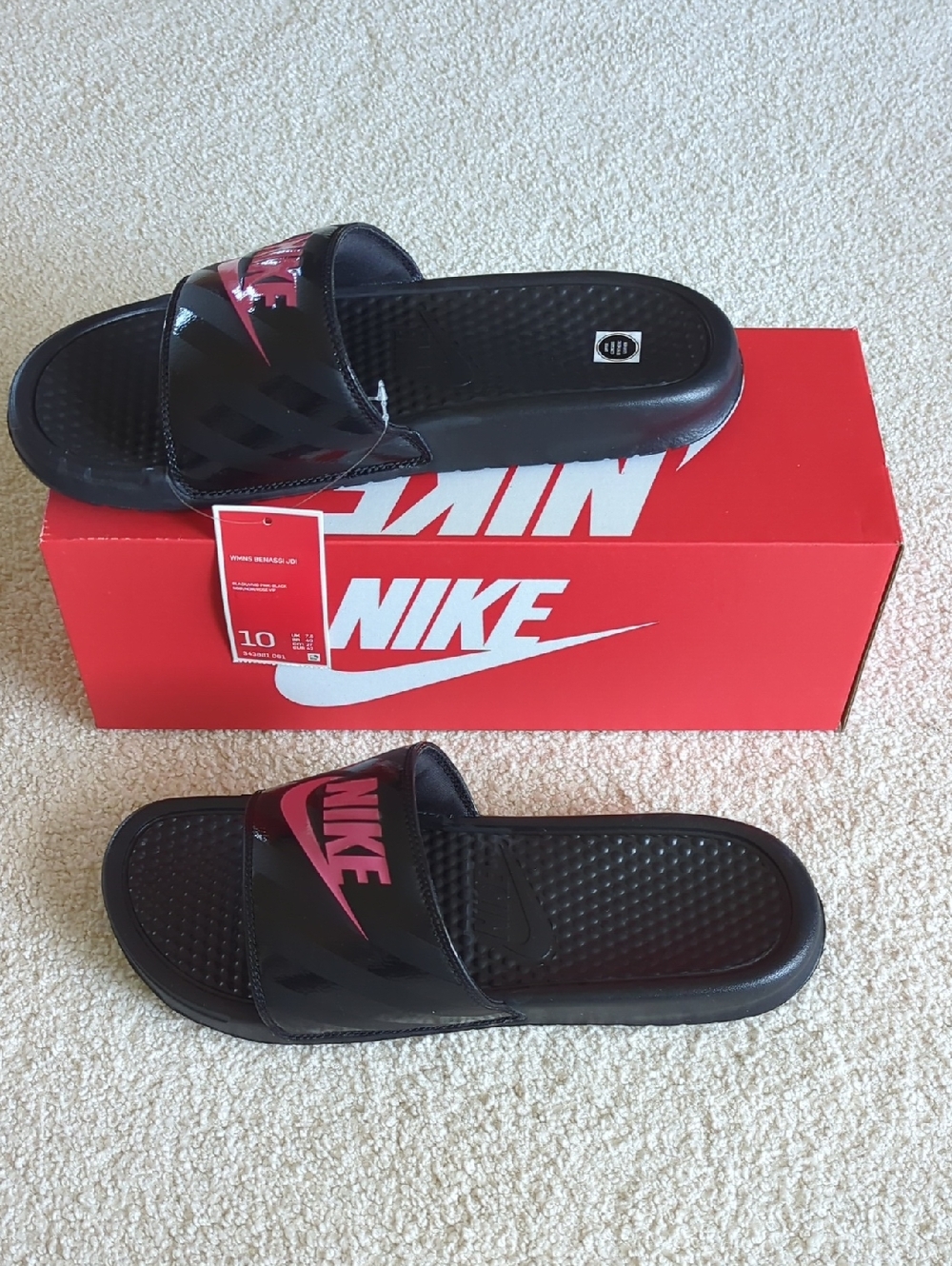 Nike Black Slide Sandals with Pink Swoosh - Picture 2 of 9